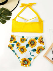 Sunflower Print Bikini Set Halter Neck High Waist Two Piece Swimsuit