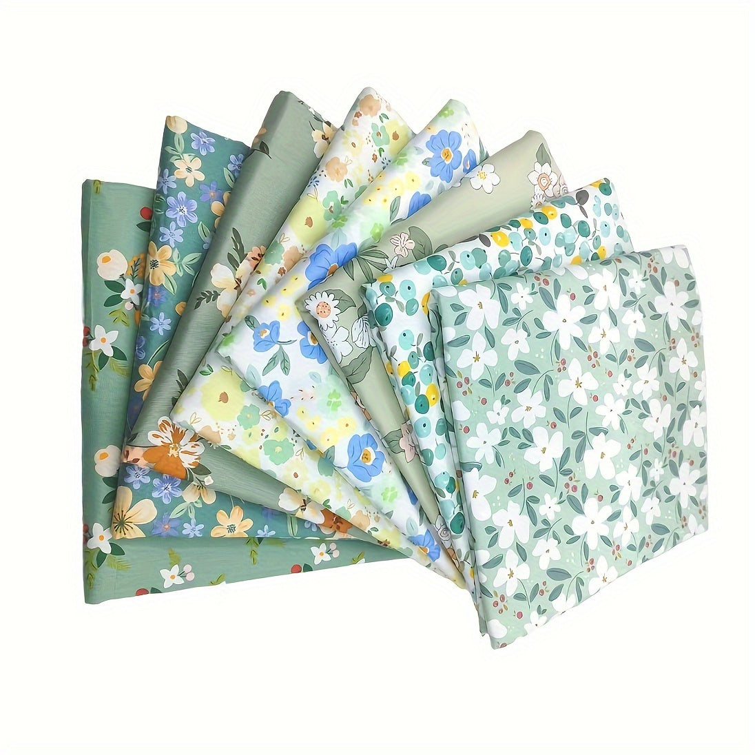 8pcs Green Flower Series Cotton Twill Fabric for Quilting and Sewing DIY