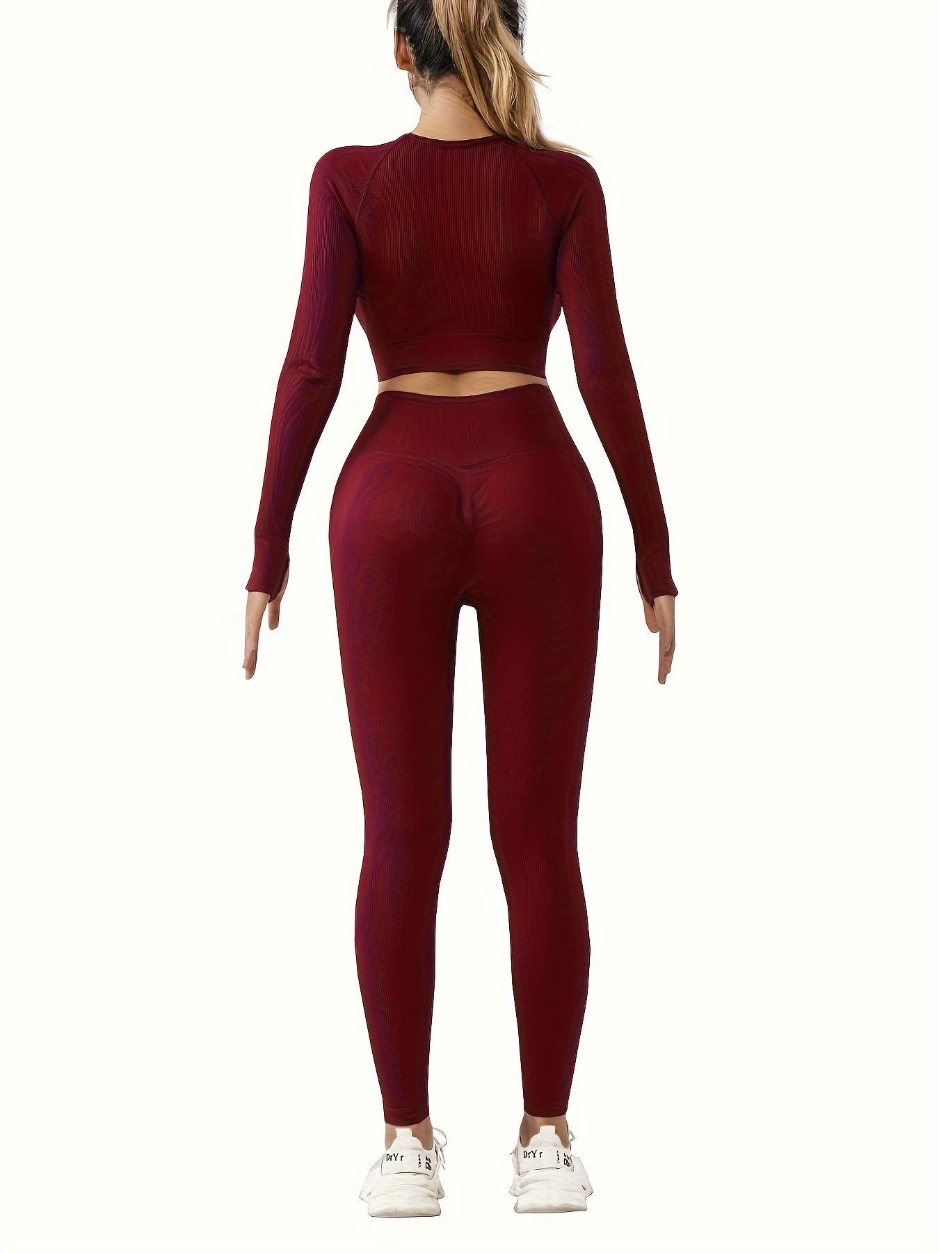 Sports Yoga Suit Round Neck Long Sleeves & Hip Lifting Leggings Set