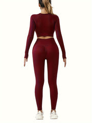 Sports Yoga Suit Round Neck Long Sleeves & Hip Lifting Leggings Set