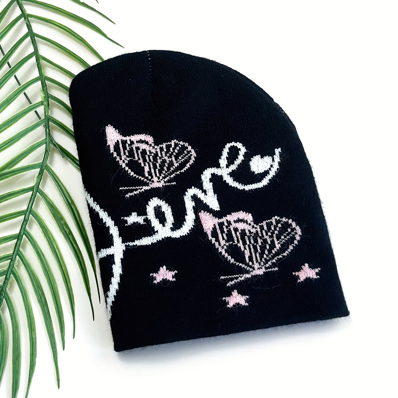 Pink Butterfly Jacquard Beanie Soft Knit Hat for Women