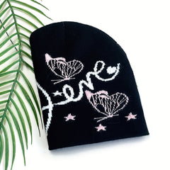 Pink Butterfly Jacquard Beanie Soft Knit Hat for Women