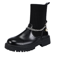 Elastic Pearl Chain Slip On Sock Boot Chunky Heel Round Head Boot