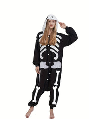 Skull Button Up Hooded Fleece Jumpsuit