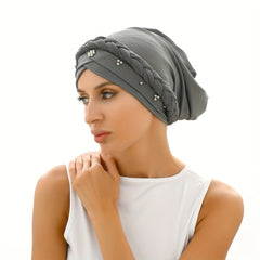Classic Beads Decor Turban Cap Solid Elastic Head Wrap Pre-tied Head Scarf