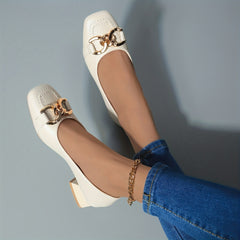 Women's Square Toe Low Heels Metallic Buckle Soft Sole Shoes