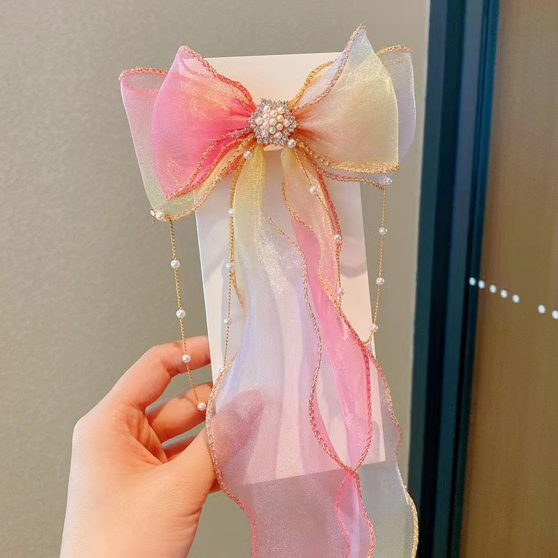 Colorful Ribbon Bow Hair Clips with Faux Pearl Tassel - Party Hair Accessories