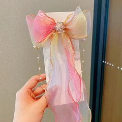 Colorful Ribbon Bow Hair Clips with Faux Pearl Tassel - Party Hair Accessories