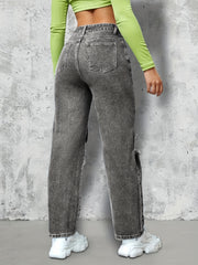 Dark Grey Ripped Straight Jeans High Rise Distressed Denim Pants