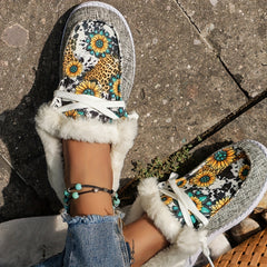 Women's Sunflower Print Fleece Low Top Warm Shoes Lightweight Outdoo