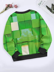 Cartoon Cube Pattern Long Sleeve Crew Neck Sweatshirt