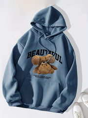 Bear & Letter Print Kangaroo Pocket Hoodie Long Sleeve Drawstring Hoodies