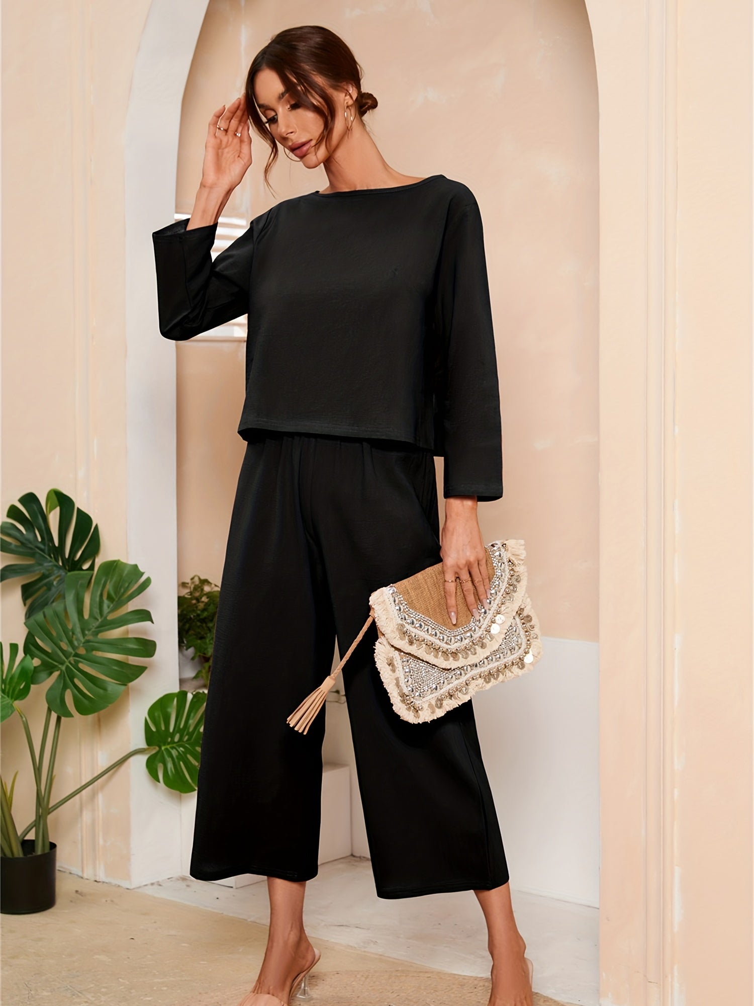 Solid Casual 2pc Set Boat Neck Top & Wide Leg Pants