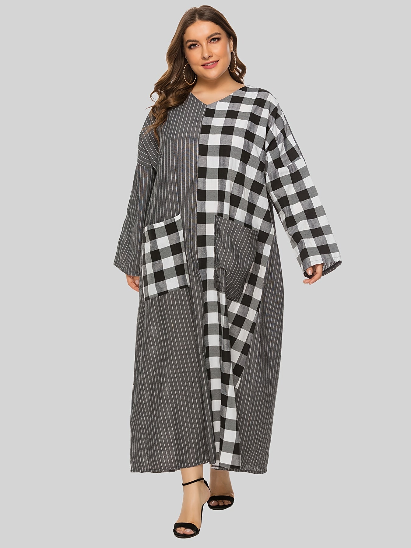 Colorblock Plaid Pattern Maxi Dress Women's Plus Casual V Neck Long Dress