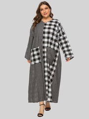 Colorblock Plaid Pattern Maxi Dress Women's Plus Casual V Neck Long Dress