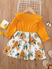 Floral Button Bow Ruffle Trim Princess Dress for Spring