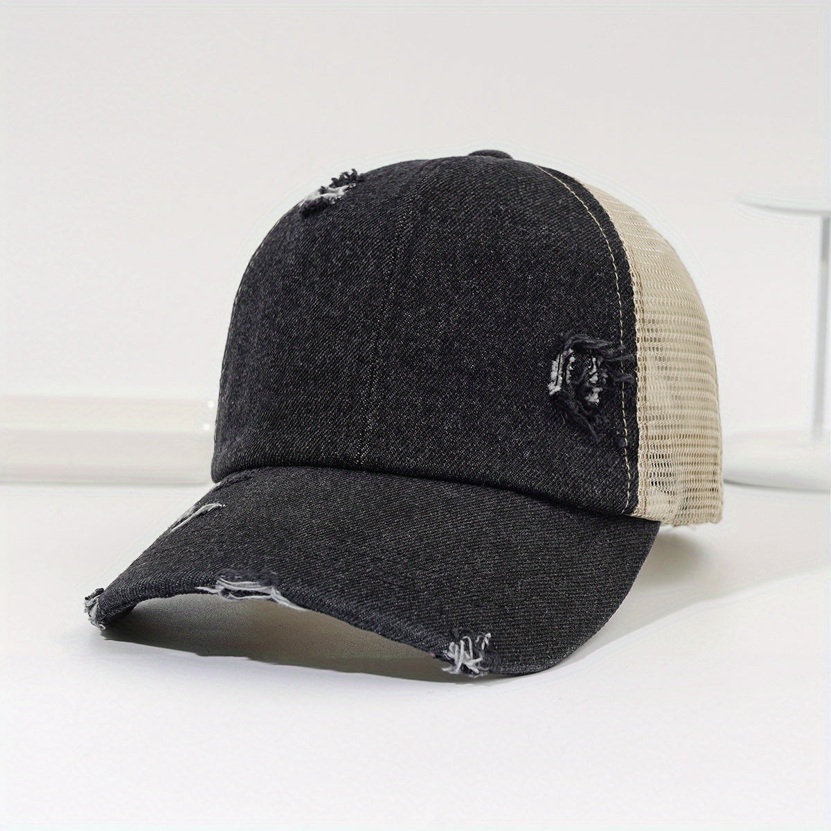Distressed Ponytail Trucker Hat Adjustable Baseball Cap