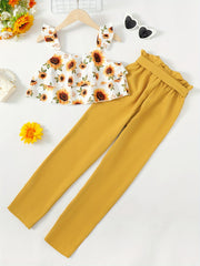2pcs Girls Sunflower Ruffle Trim Tops & Belted Pants Set