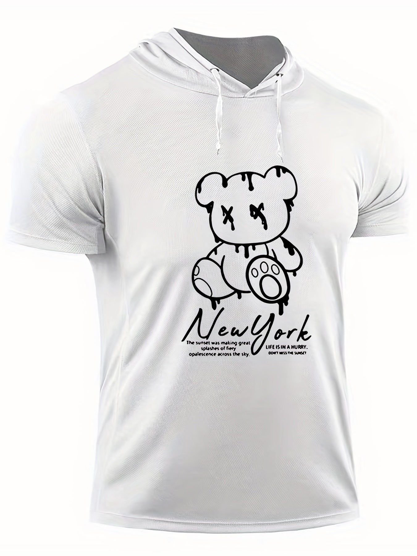 Men's Bear Graphic Hooded T shirt BEAR PRINT Casual Slightly Stretch Tee