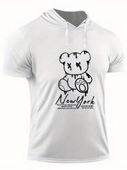 Men's Bear Graphic Hooded T shirt BEAR PRINT Casual Slightly Stretch Tee