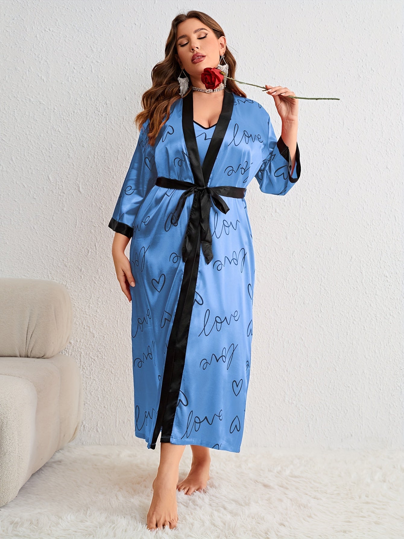 Nightgown Satin Heart & Letter Print Belted Robe