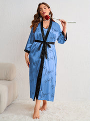 Nightgown Satin Heart & Letter Print Belted Robe