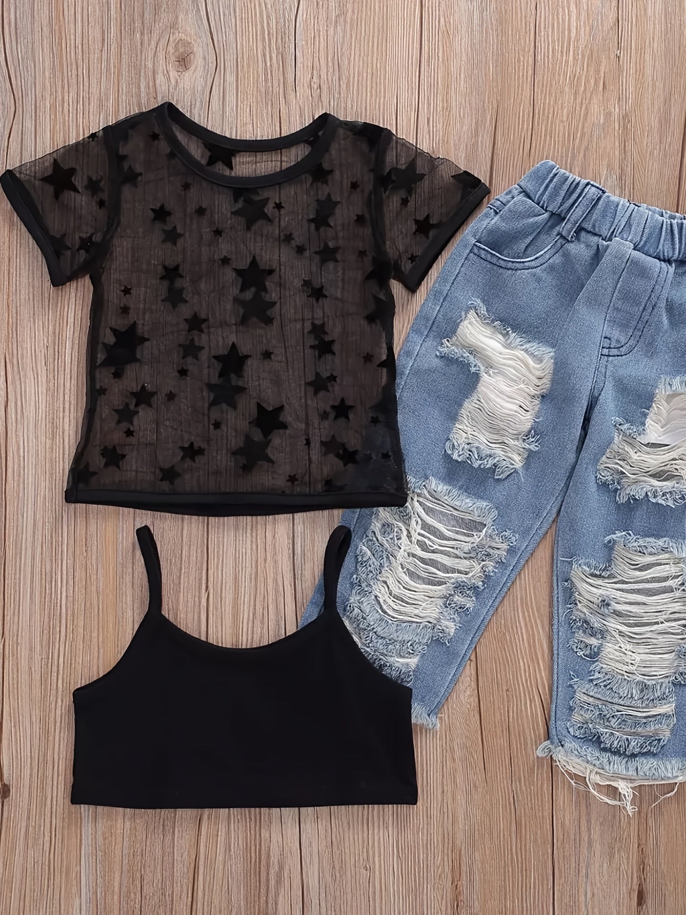 Girls Cami Top & Star Print T-shirt & Jeans Set