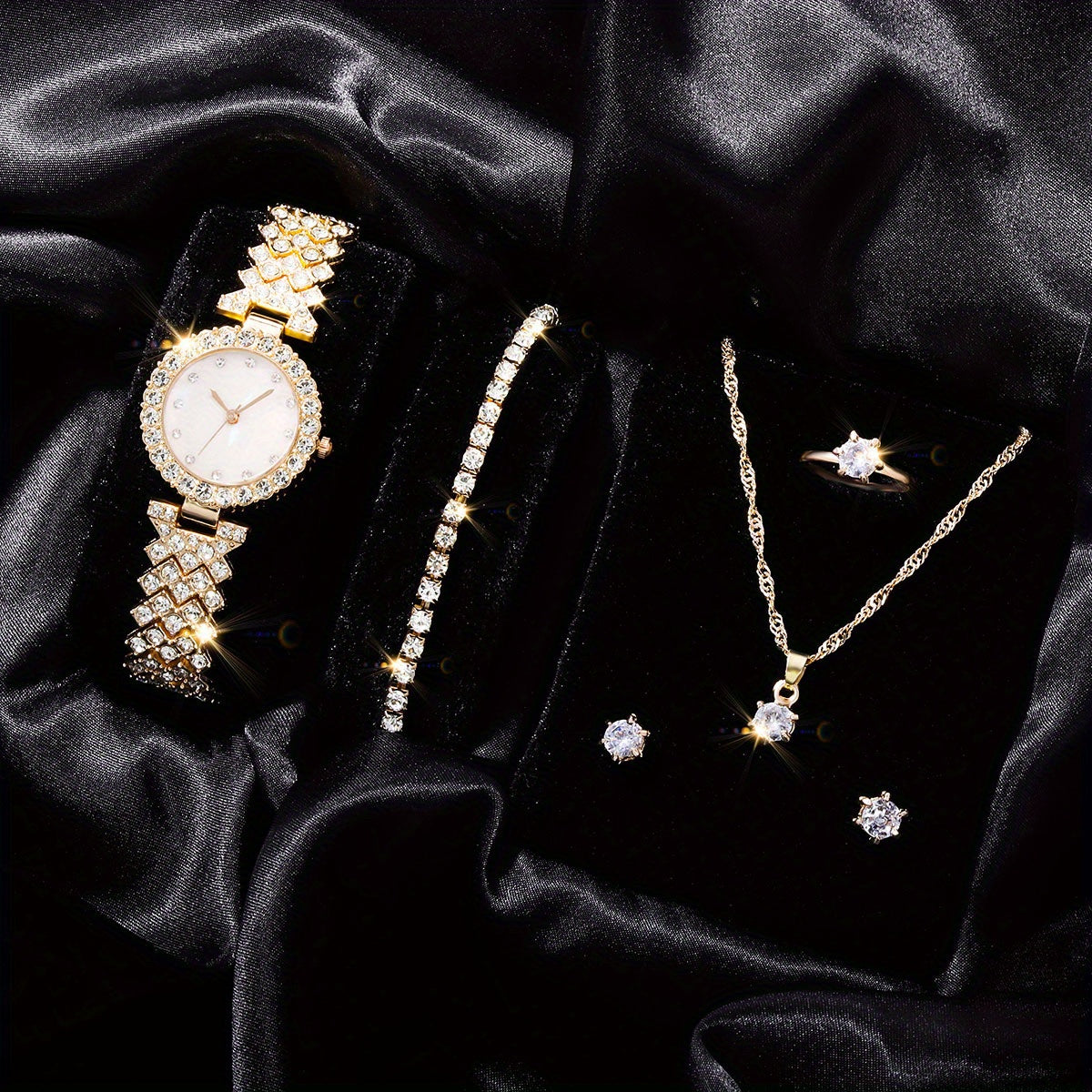 Kids Rhinestone Round Quartz Watch & 5pc Jewelry Set
