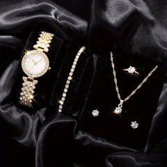 Kids Rhinestone Round Quartz Watch & 5pc Jewelry Set
