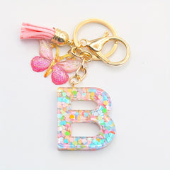 Initial Letter Keychain Butterfly Shape Pendant with Tassel Bag Ornament