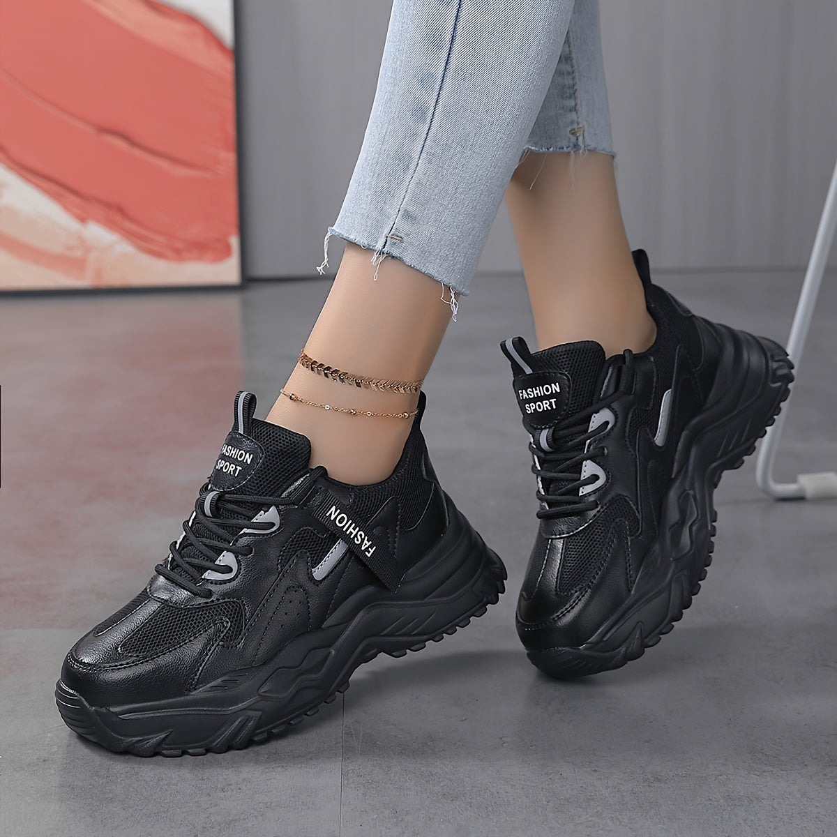 Women's Faux Leather Chunky Sneakers Casual Outdoor Running Shoes