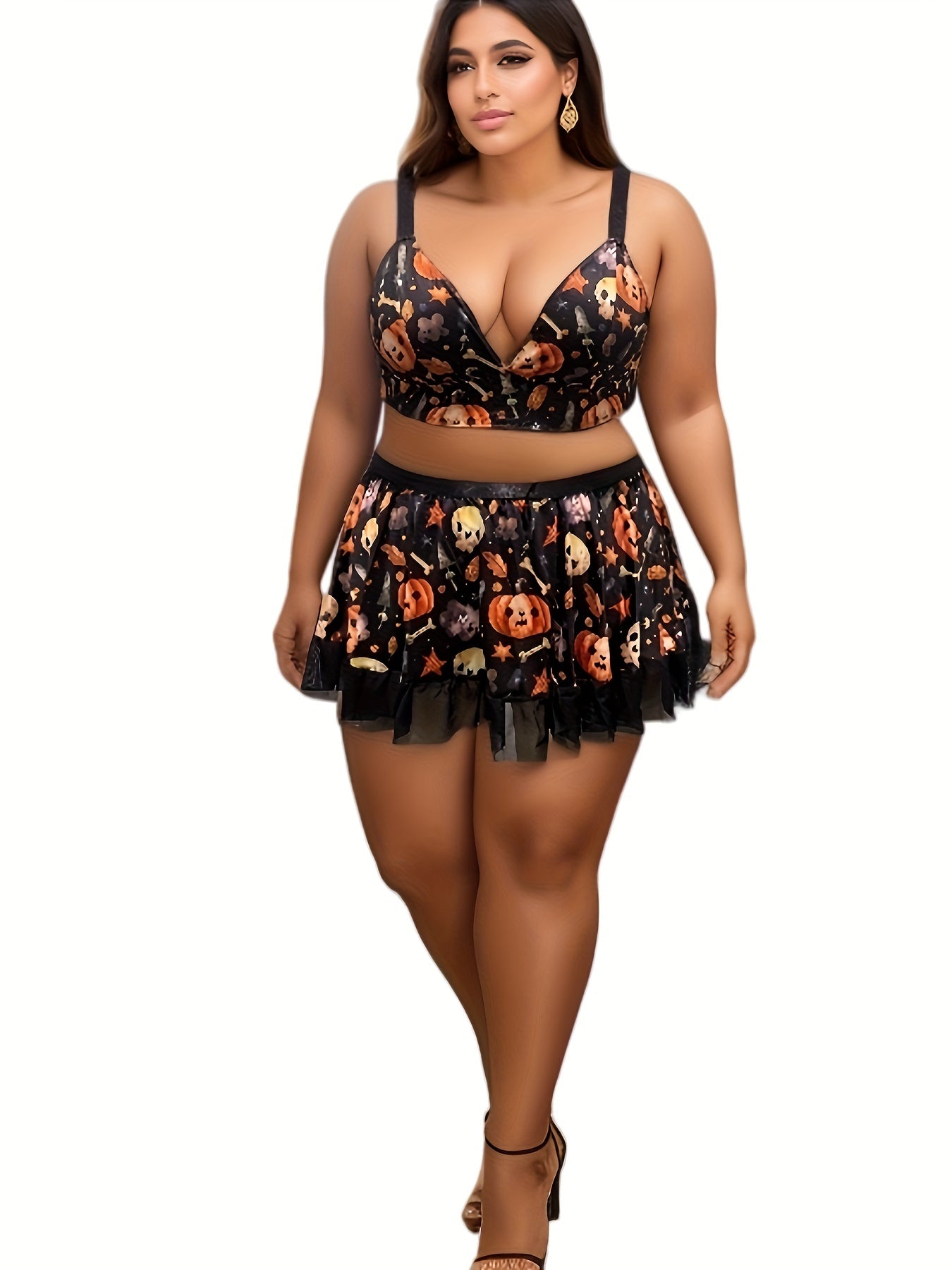 Skull & Pumpkin Print Lace Trim Bra & Skirt Set Halloween Costume