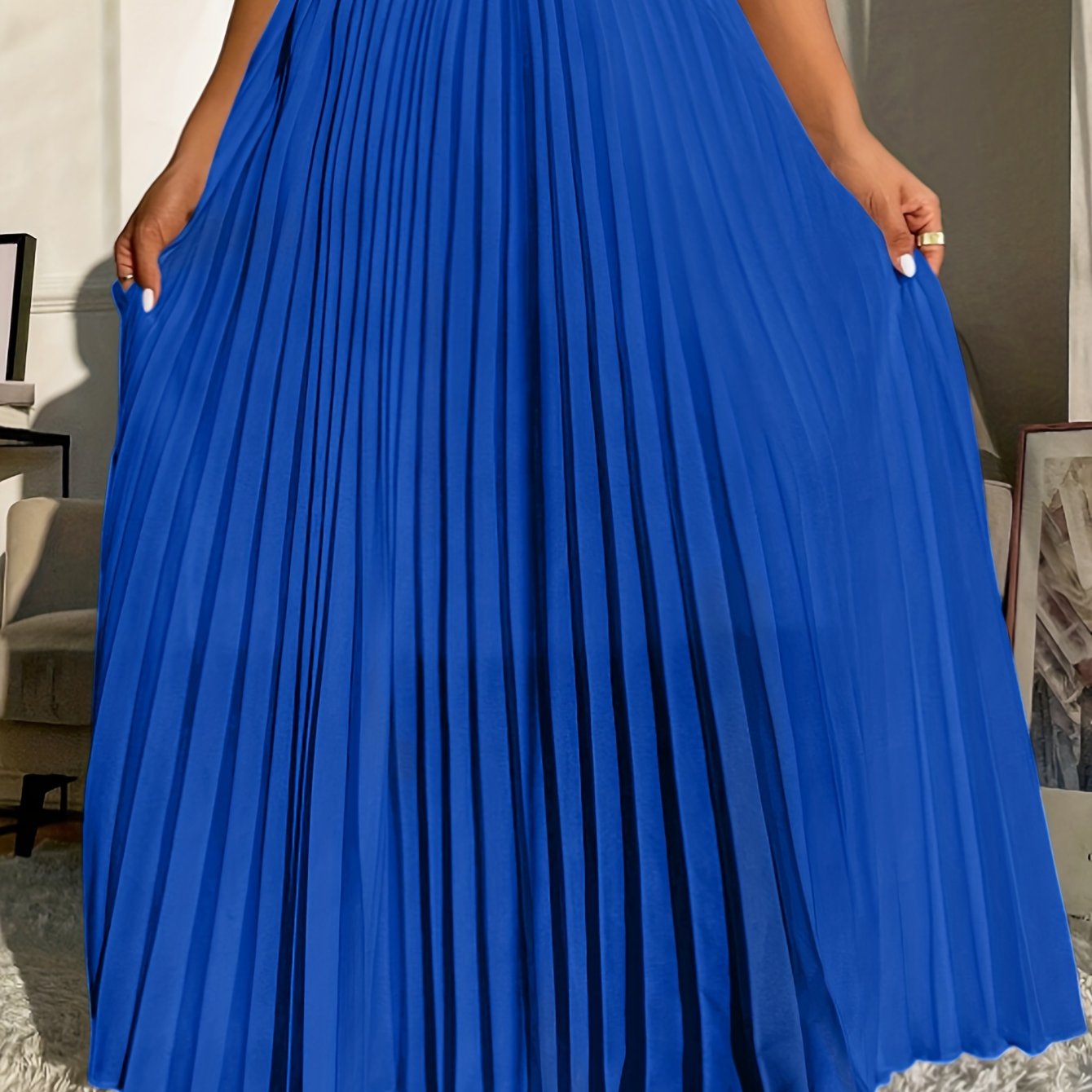 Solid High Waist Pleated Skirt Elastic Waist Spring Summer Women's Clothing