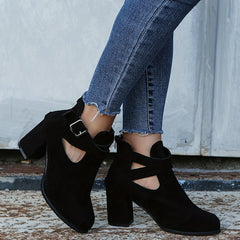 Women's Block Heel Ankle Boots Buckle Strap Zipper Shoes