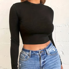 Solid Long Sleeve Sports Cropped Top Round Neck T-shirt Women's Tops