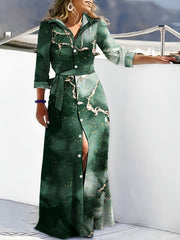 Geometric Print Long Sleeve Shirt Dress With Belt