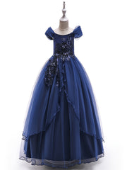 Girls Sequin Flowers Embroidery Mesh Tutu Dress
