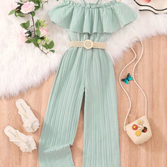 Girls' Ruffle Trim Cold Shoulder Jumpsuit with Belt