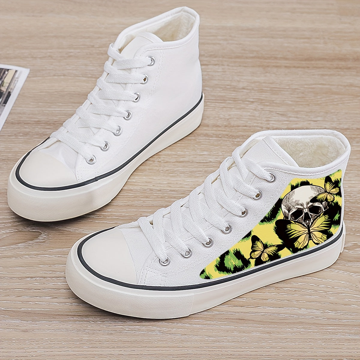 Skull & Butterfly Plush Lined Canvas Sneakers