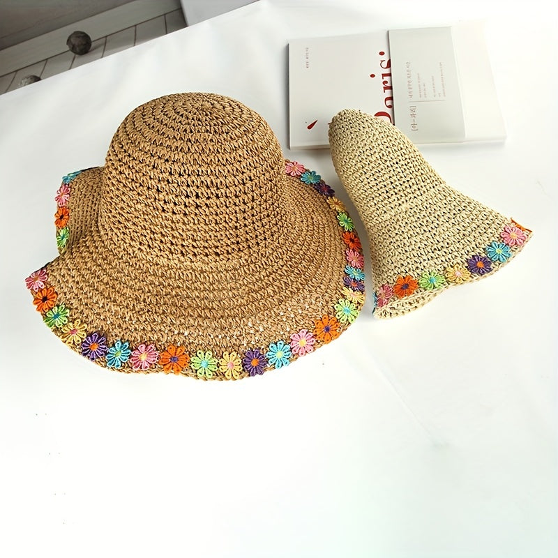 Boho Sun Hat Wide Brim Foldable Straw Bucket Hat