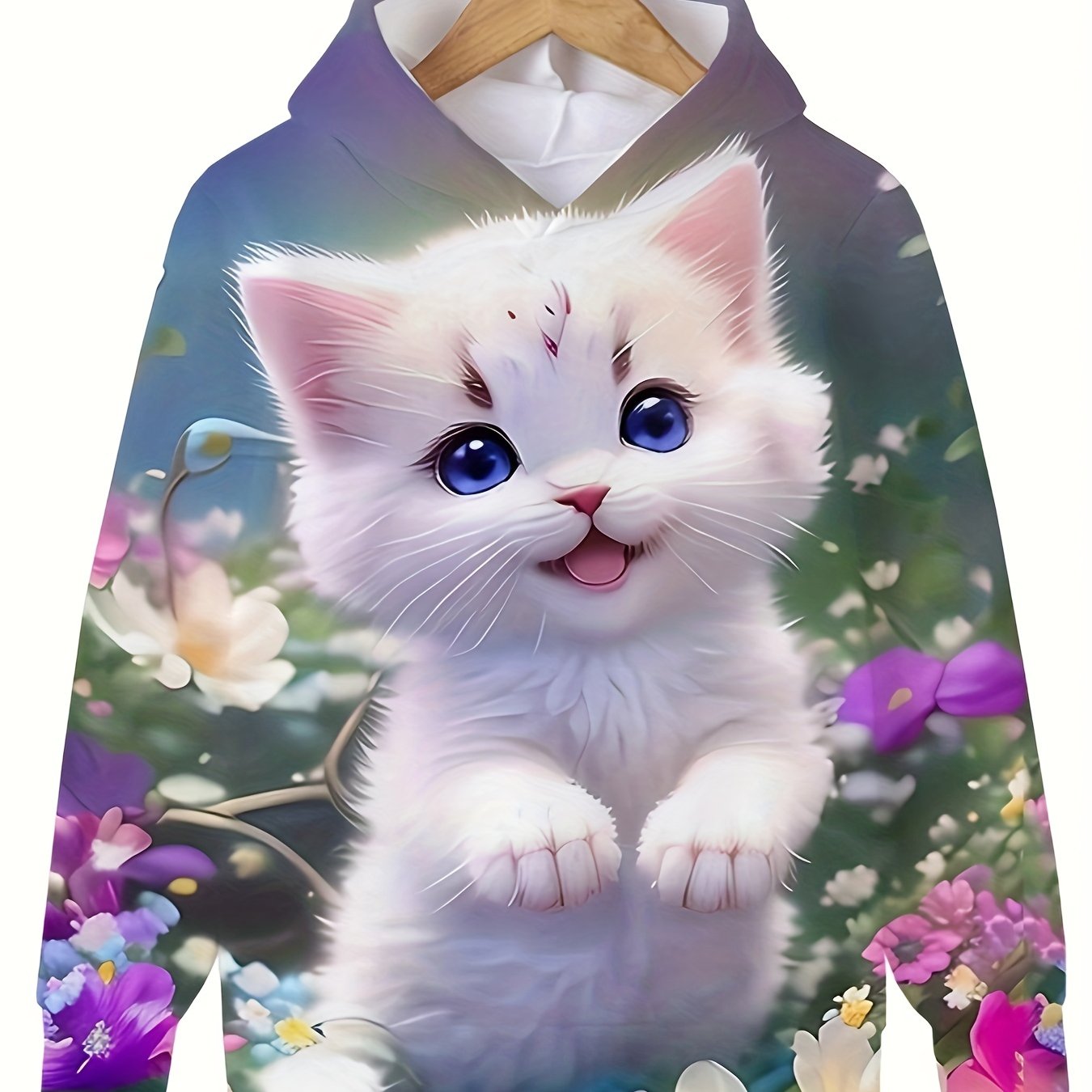 Girls Cartoon Kitty Hooded Pullover Sweatshirt