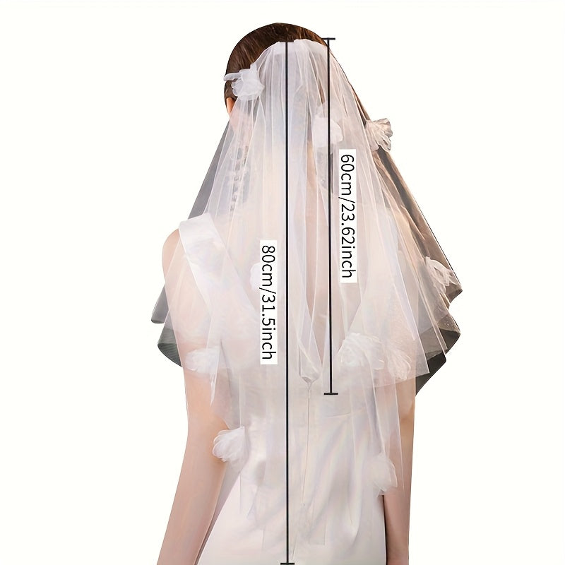 Romantic Floral Bridal Veil Headpiece with Cascading Layers & Delicate Flowers