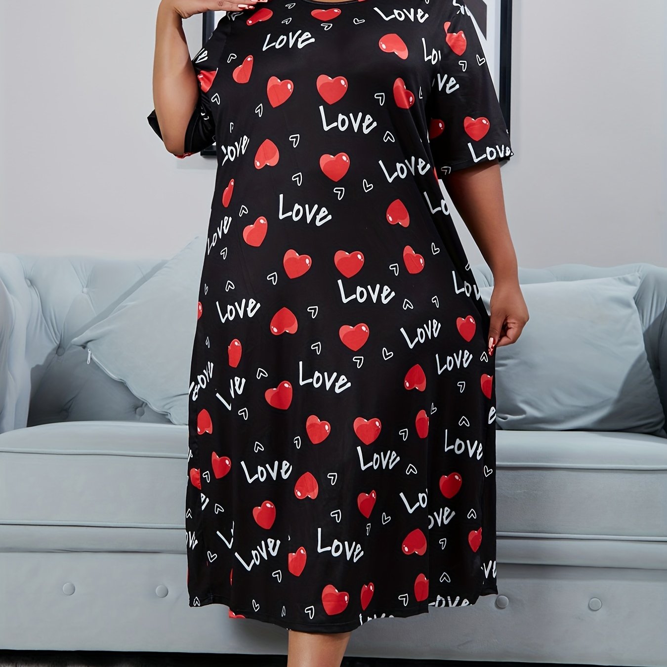Heart & Letter Print Nightdress Short Sleeve Round