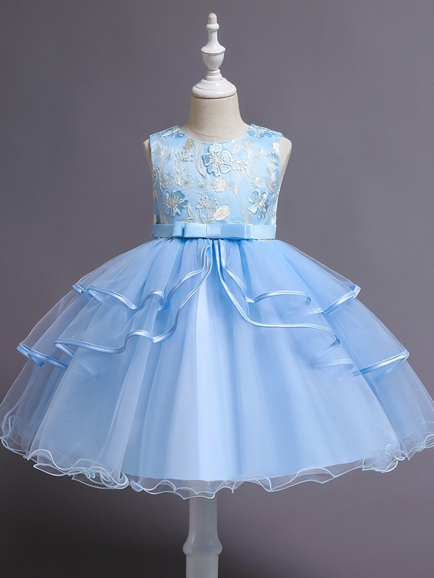 Girls Sleeveless Flower Embroidery Mesh Princess Dress