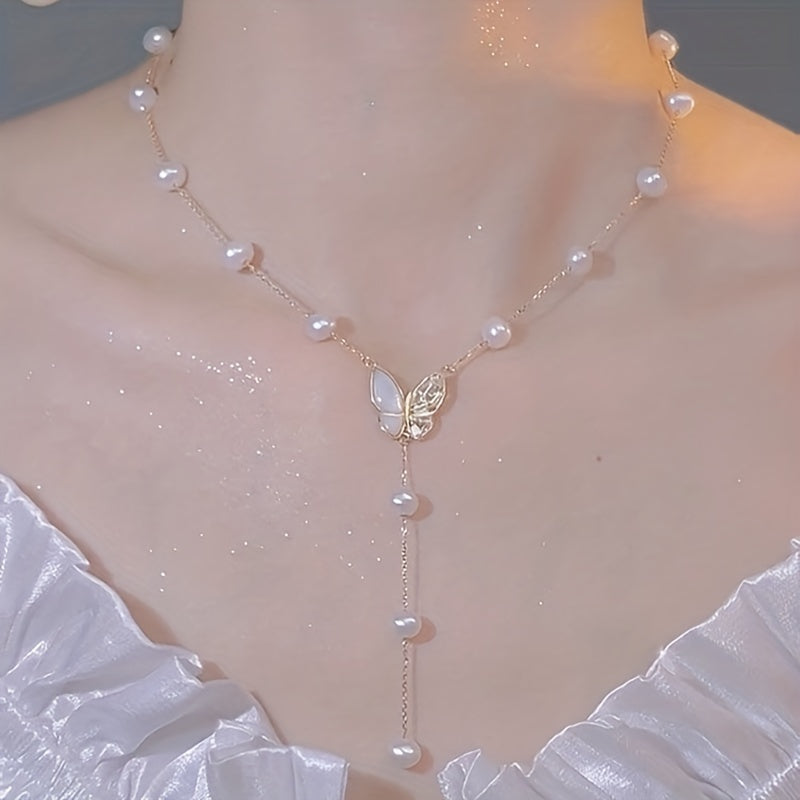 Faux Pearl Tassel Butterfly Necklace Women's Collar Chain