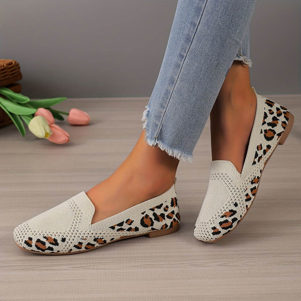 Leopard Print Square Toe Slip-On Loafers