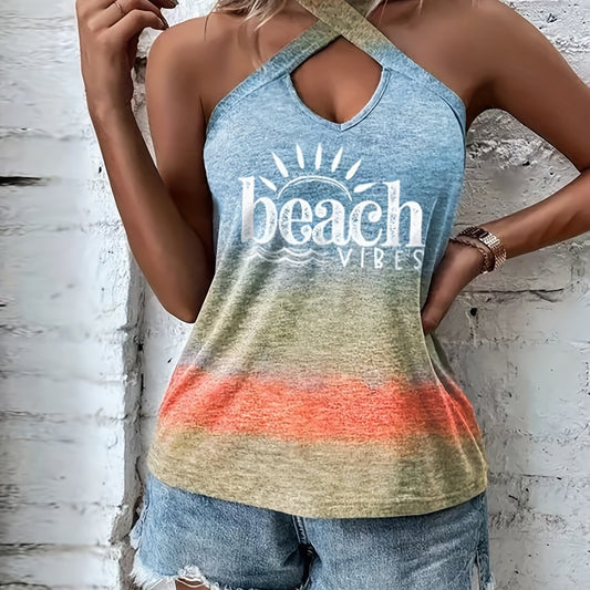 Ombre & Letter Print Halter Tank Top