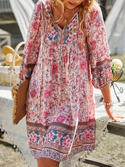 Floral Print Tie Neck Long Sleeve Dress