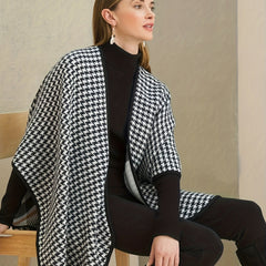 Houndstooth Print Batwing Sleeve Open Front Cape Coat