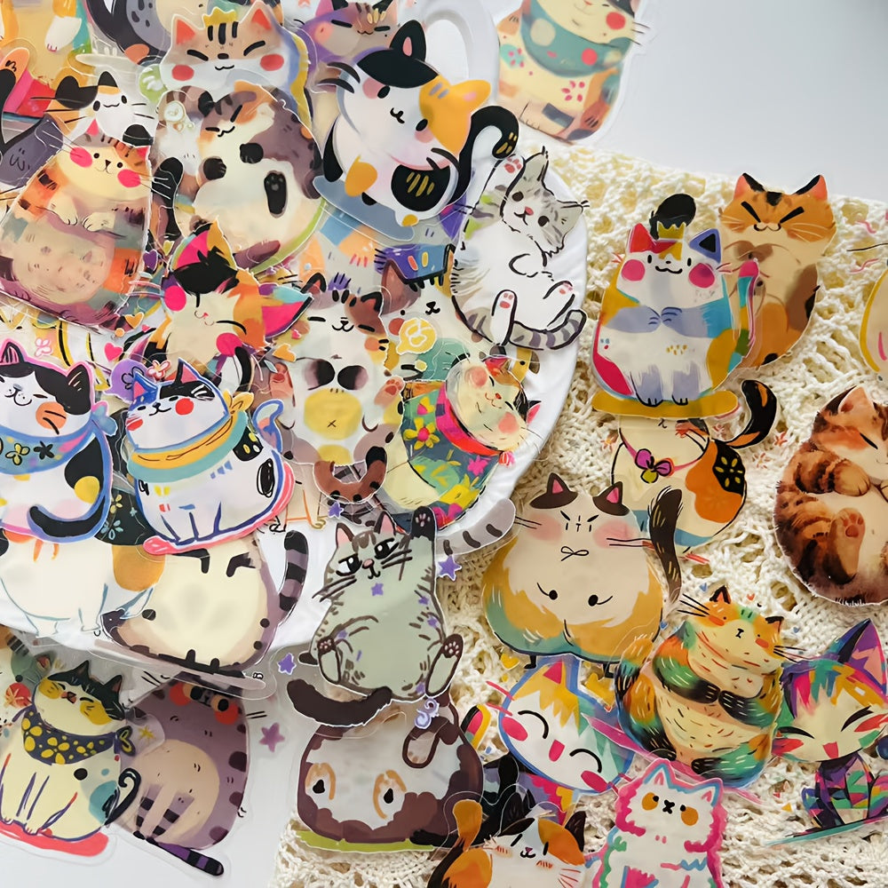 50pcs Cartoon Cat Stickers PET Self Adhesive Decals for DIY Crafts